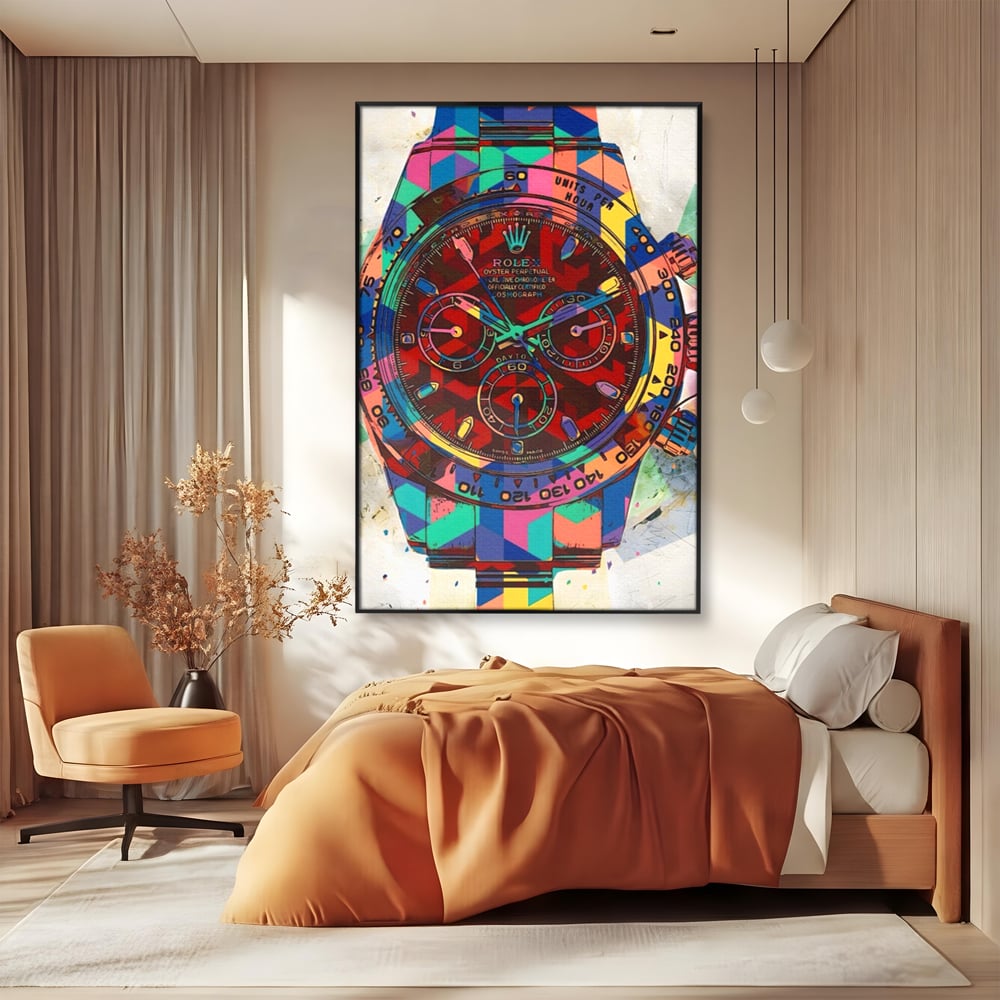 Tablou canvas cu tablou canvas cu ceas colorat tip rolex, in rama de aluminiu negru, pe perete intr-un dormitor